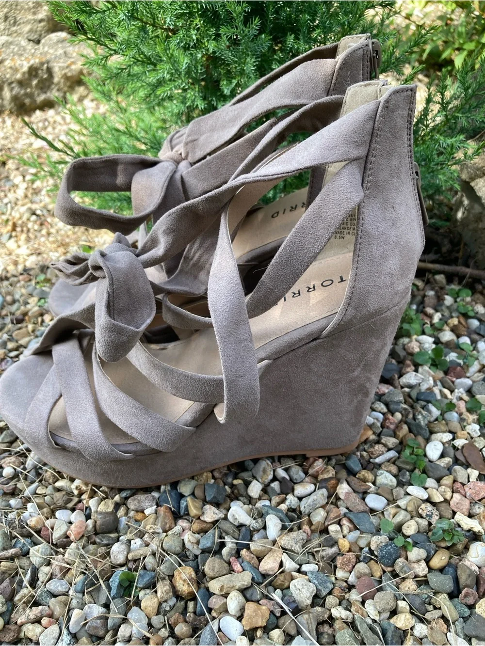 Torrid Size 6.5W natural taupe strappy ankle wrap platform wedge sandals